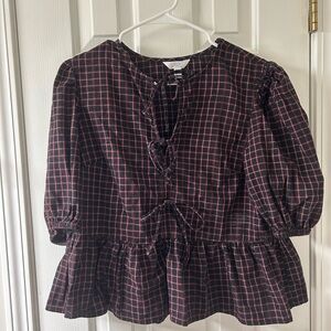 Women’s Plaid Tie-Front Peplum Top